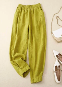 Chic Yellow Patchwork Elastic Waist Solid Linen Wide Leg Pants Summer LY4469
