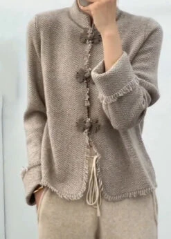 Chinese Light Camel Grey Stand Collar Button Knit Coats Long Sleeve LY9397