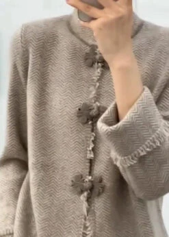 Ada Fashion -Ada Fashion Chinese Light Camel Grey Stand Collar Button Knit Coats Long Sleeve2
