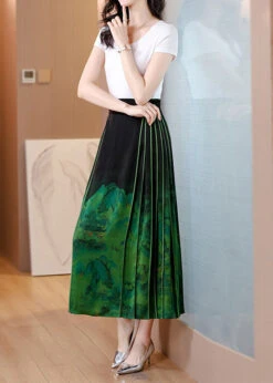 Chinese Style Blackish Green Wrinkled Print Silk Skirts Spring QQ1031 -Ada Fashion Chinese Style Blackish Green Wrinkled Print Silk Skirts Spring3