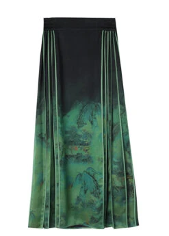 Chinese Style Blackish Green Wrinkled Print Silk Skirts Spring QQ1031 -Ada Fashion Chinese Style Blackish Green Wrinkled Print Silk Skirts Spring5
