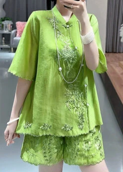 Chinese Style Green Stand Collar Embroidered Floral Shirts And Shorts Two Piece Set Short Sleeve VB1091 -Ada Fashion Chinese Style Green Stand Collar Embroidered Floral Shirts And Shorts Two Piece Set Short Sleeve3
