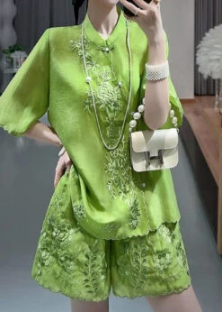 Chinese Style Green Stand Collar Embroidered Floral Shirts And Shorts Two Piece Set Short Sleeve VB1091 -Ada Fashion Chinese Style Green Stand Collar Embroidered Floral Shirts And Shorts Two Piece Set Short Sleeve5