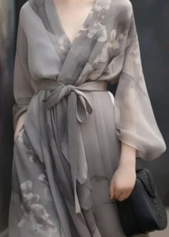 Chinese Style Print Tie Waist Chiffon Dress Fall -Ada Fashion Chinese Style Grey V Neck Print Tie Waist Patchwork Chiffon Dress Fall Ada Fashion 177579263
