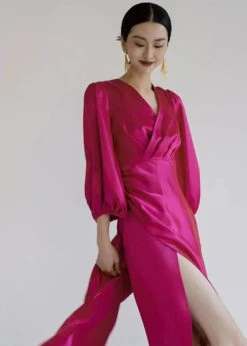 Chinese Style Rose V Neck Patchwork Silm Long Dresses Fall ML3121