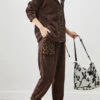 Chocolate Patchwork Leopard Warm Fleece Corduroy Two Piece Set Outfits Winter ML3262