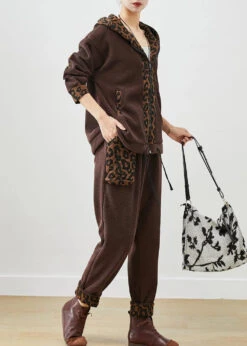 Chocolate Patchwork Leopard Warm Fleece Corduroy Two Piece Set Outfits Winter ML3262