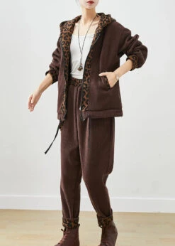 Chocolate Patchwork Leopard Warm Fleece Corduroy Two Piece Set Outfits Winter ML3262 -Ada Fashion Chocolate Patchwork Leopard Warm Fleece Corduroy Two Piece Set Outfits Winter Ada Fashion 170427123