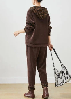 Chocolate Patchwork Leopard Warm Fleece Corduroy Two Piece Set Outfits Winter ML3262 -Ada Fashion Chocolate Patchwork Leopard Warm Fleece Corduroy Two Piece Set Outfits Winter Ada Fashion 170427215