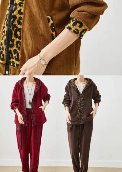 Chocolate Patchwork Leopard Warm Fleece Corduroy Two Piece Set Outfits Winter ML3262 -Ada Fashion Chocolate Patchwork Leopard Warm Fleece Corduroy Two Piece Set Outfits Winter Ada Fashion 170427333