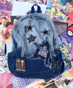 Classic Gradient Blue Denim Patch Large Capacity Backpack Bag ML2237