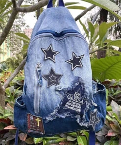 Classic Gradient Blue Denim Patch Large Capacity Backpack Bag ML2237 -Ada Fashion Classic Gradient Blue Denim Patch Large Capacity Backpack Bag3
