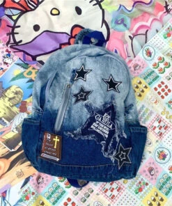 Classic Gradient Blue Denim Patch Large Capacity Backpack Bag ML2237 -Ada Fashion Classic Gradient Blue Denim Patch Large Capacity Backpack Bag5