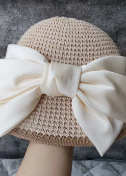 Classy Beige Silk Bow Straw Woven Bucket Hat LC0470 -Ada Fashion Classy Beige Silk Bow Straw Woven Bucket Hat3