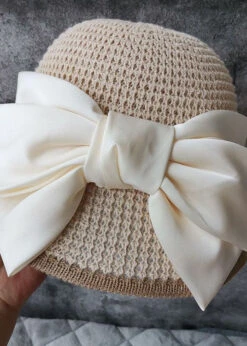 Classy Beige Silk Bow Straw Woven Bucket Hat LC0470 -Ada Fashion Classy Beige Silk Bow Straw Woven Bucket Hat4