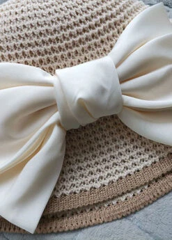 Classy Beige Silk Bow Straw Woven Bucket Hat LC0470 -Ada Fashion Classy Beige Silk Bow Straw Woven Bucket Hat5