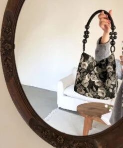 Classy Black Rose Jacquard Nylon Satchel Handbag LY1770 -Ada Fashion Classy Black Rose Jacquard Nylon Satchel Handbag5