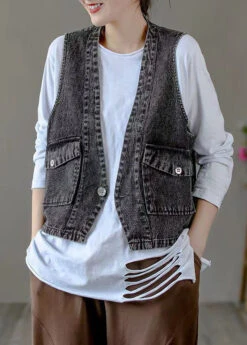 Classy Black V Neck Pockets Patchwork Denim Waistcoat Fall LY9431