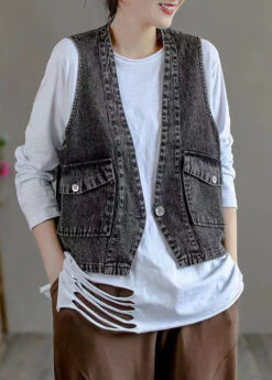 Classy Black V Neck Pockets Patchwork Denim Waistcoat Fall LY9431 -Ada Fashion Classy Black V Neck Pockets Patchwork Denim Waistcoat Fall3