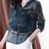 Classy Blue Embroideried Button Hooded Tulle Coat Long Sleeve TI1060