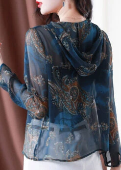 Classy Blue Embroideried Button Hooded Tulle Coat Long Sleeve TI1060 -Ada Fashion Classy Blue Embroideried Button Hooded Tulle Coat Long Sleeve5