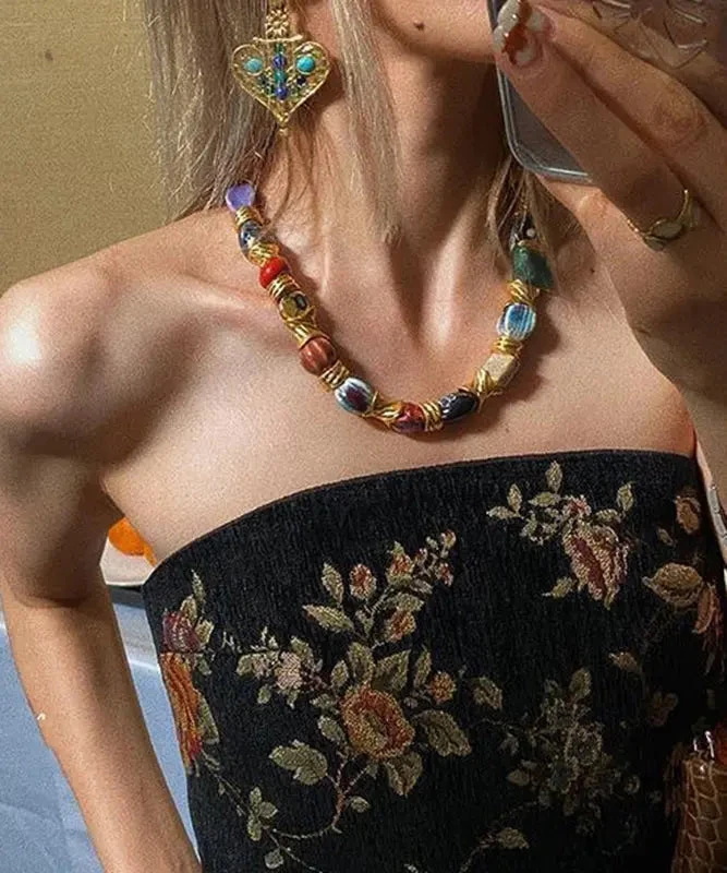 Classy Colorblock Sterling Silver Ceramic Patchwork Gratuated Bead Necklace ML1250 3 Classy Colorblock Sterling Silver Ceramic Patchwork Gratuated Bead Necklace ML1250