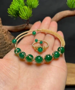 Classy Green Sterling Silver Overgild Agate Cuff Two Piece Set GH1066