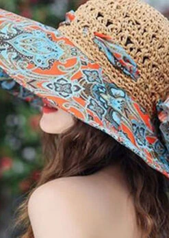 Classy Khaki Bow Print Patchwork Straw Woven Floppy Sun Hat LC0553 -Ada Fashion Classy Khaki Bow Print Patchwork Straw Woven Floppy Sun Hat5