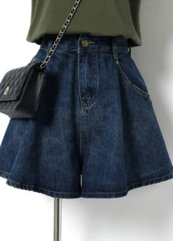 Classy Navy Pockets Patchwork High Waist Button Denim Shorts LY5261