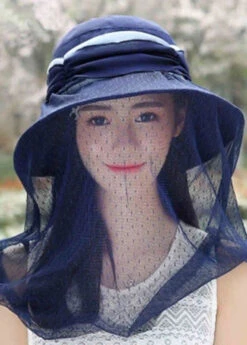 Classy Navy Tulle Patchwork Wrinkled Cotton Bucket Hat AD1120