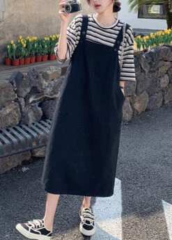 Classy O-Neck Striped Patchwork T Shirt And Long Dress Two Piece Set Summer LY7549