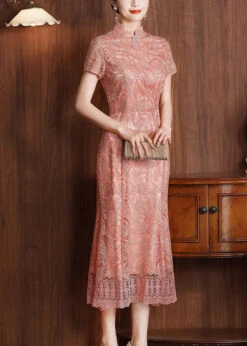 Lace Patchwork Long Dresses Summer -Ada Fashion Classy Pink Stand Collar Lace Patchwork Long Dresses Summer Ada Fashion 178526644