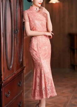 Lace Patchwork Long Dresses Summer -Ada Fashion Classy Pink Stand Collar Lace Patchwork Long Dresses Summer Ada Fashion 178526785