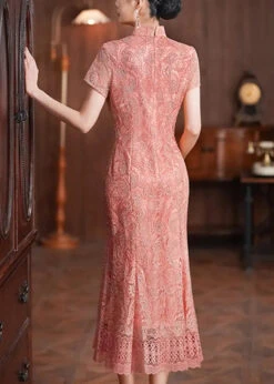 Lace Patchwork Long Dresses Summer -Ada Fashion Classy Pink Stand Collar Lace Patchwork Long Dresses Summer Ada Fashion 178526865