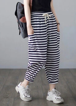 Classy Striped Embroideried Floral Drawstring Elastic Waist Draping Crop Pants Summer LY0664