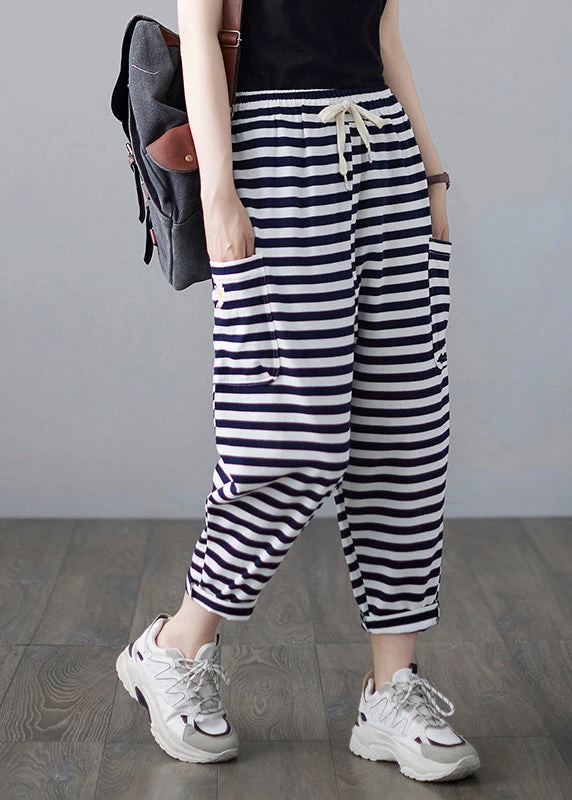 Classy Striped Embroideried Floral Drawstring Elastic Waist Draping Crop Pants Summer LY0664 3 Classy Striped Embroideried Floral Drawstring Elastic Waist Draping Crop Pants Summer LY0664