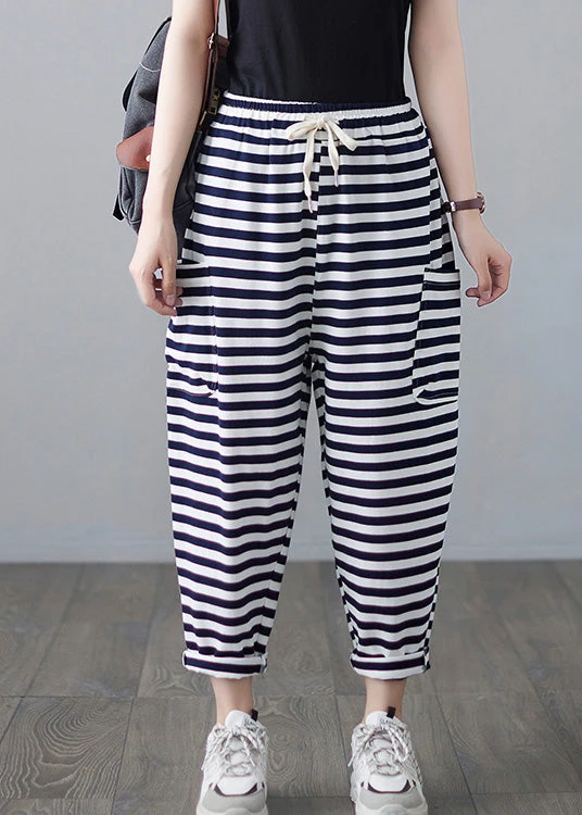 Classy Striped Embroideried Floral Drawstring Elastic Waist Draping Crop Pants Summer LY0664 4 Classy Striped Embroideried Floral Drawstring Elastic Waist Draping Crop Pants Summer LY0664 - Image 2