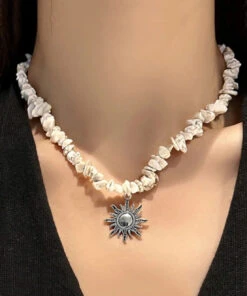 Classy White Alloy Natural Stone Sun Lariat Necklace ML0669
