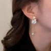 Classy White Overgild Zircon Pearl Floral Tassle Drop Earrings LY7812