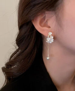 Classy White Overgild Zircon Pearl Floral Tassle Drop Earrings LY7812
