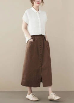 Coffee Oversized Cotton Skirts Buttons Side Open Summer LY1541 -Ada Fashion Coffee Oversized Cotton Skirts Buttons Side Open Summer4