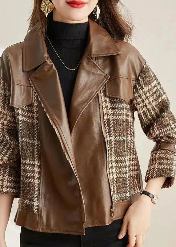 Coffee Patchwork Faux Leather Jackets Peter Pan Collar Zippered Fall LY8332 4 Coffee Patchwork Faux Leather Jackets Peter Pan Collar Zippered Fall LY8332 - Image 2