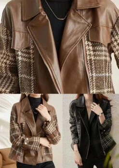 Coffee Patchwork Faux Leather Jackets Peter Pan Collar Zippered Fall LY8332 11 Coffee Patchwork Faux Leather Jackets Peter Pan Collar Zippered Fall LY8332 -Ada Fashion Coffee Patchwork Faux Leather Jackets Peter Pan Collar Zippered Fall Ada Fashion 149275731
