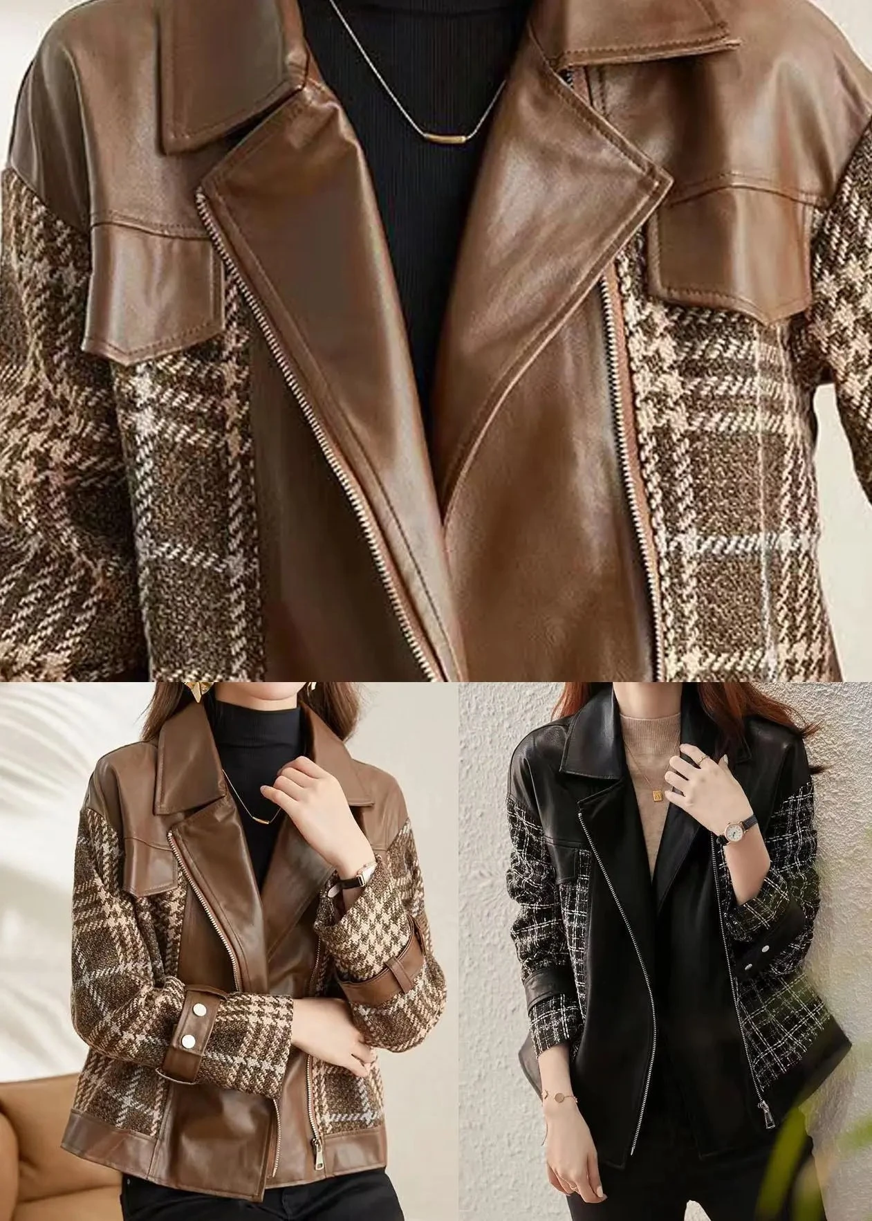 Coffee Patchwork Faux Leather Jackets Peter Pan Collar Zippered Fall LY8332 7 Coffee Patchwork Faux Leather Jackets Peter Pan Collar Zippered Fall LY8332 - Image 5