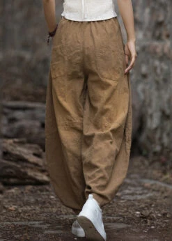 Coffee Pockets Patchwork Elastic Waist Linen Lantern Pants Fall ML1869 -Ada Fashion Coffee Pockets Patchwork Elastic Waist Linen Lantern Pants Fall4