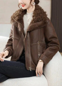 Coffee Zip Up Patchwork Fuzzy Fur Coats Fur Collar Long Sleeve ML2747 -Ada Fashion Coffee Zip Up Patchwork Fuzzy Fur Coats Fur Collar Long Sleeve Ada Fashion 168485752