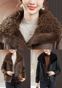 Coffee Zip Up Patchwork Fuzzy Fur Coats Fur Collar Long Sleeve ML2747 -Ada Fashion Coffee Zip Up Patchwork Fuzzy Fur Coats Fur Collar Long Sleeve Ada Fashion 168485965
