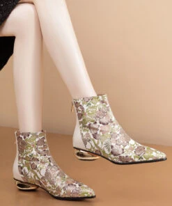 Comfortable Yellow Print Splicing Genuine Leather Chunky Ankle Boots RT1067 -Ada Fashion Comfortable Yellow Print Splicing Genuine Leather Chunky Ankle Boots3