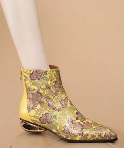 Comfortable Yellow Print Splicing Genuine Leather Chunky Ankle Boots RT1067 -Ada Fashion Comfortable Yellow Print Splicing Genuine Leather Chunky Ankle Boots4