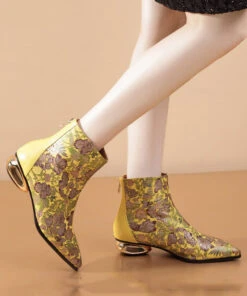 Comfortable Yellow Print Splicing Genuine Leather Chunky Ankle Boots RT1067 -Ada Fashion Comfortable Yellow Print Splicing Genuine Leather Chunky Ankle Boots5